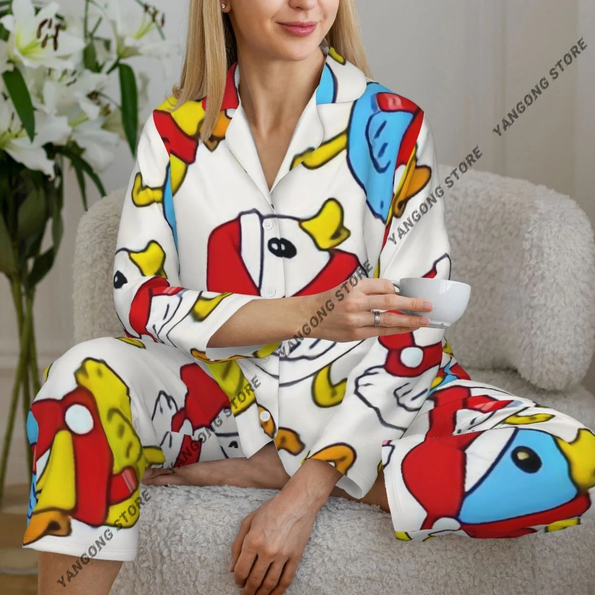 Spring and Autumn Pajama Set Women's Long Sleeve Pants Two Piece Duck Santa Claus Hat Christmas Print Home Furnishing Set