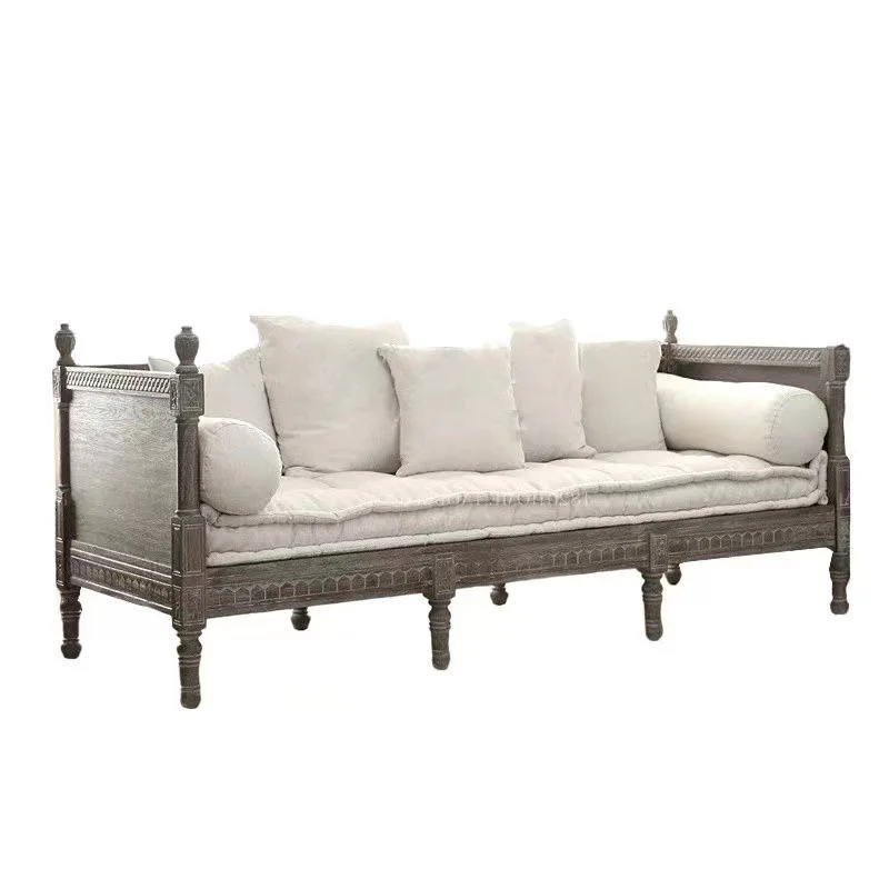 Solid wood carving flower dual-purpose two-three living room combination sofa European French retro old multi-functional sofa