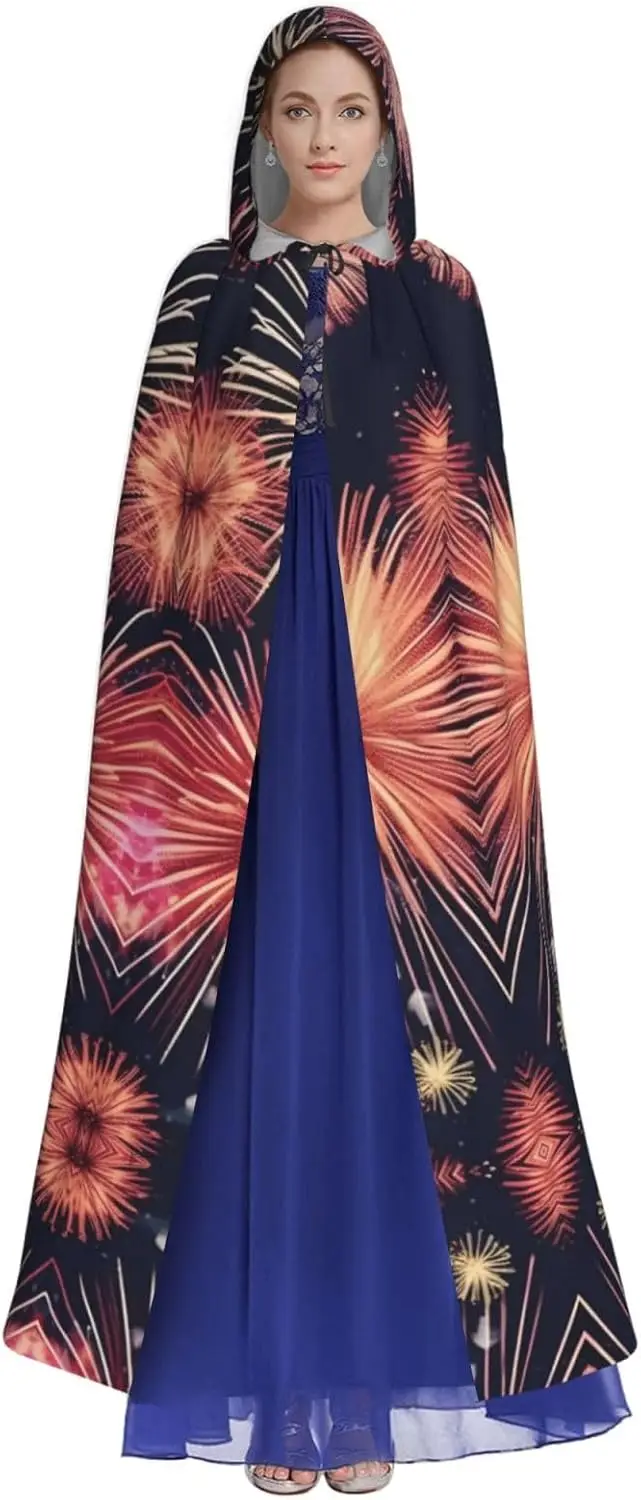 Beautiful Firework Print Adults Hooded Cloak With Halloween Christmas Witch Cape Robe Costume Party