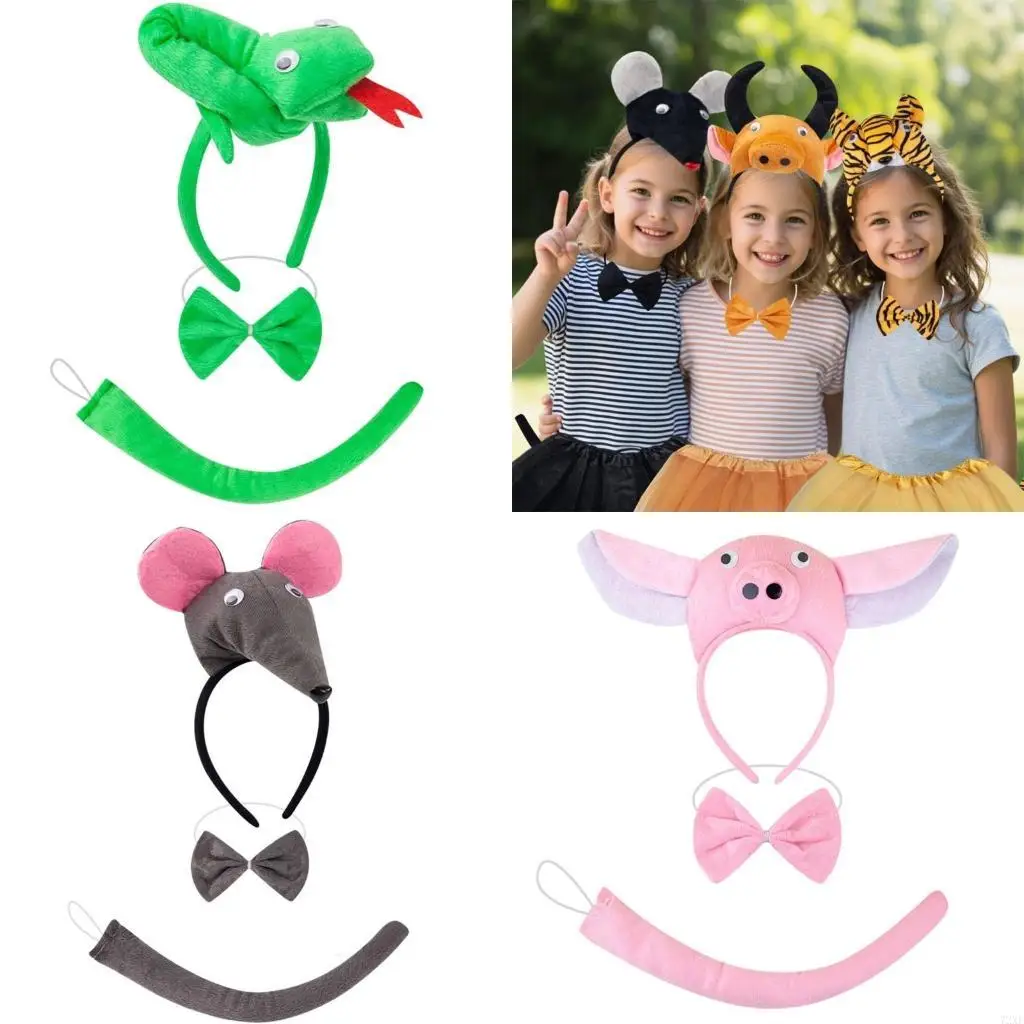 72XE Sheep/Mouse/Dog/Cow/Monkey/Pig/Dragon Costume Accessories Animal Ears Headband,Bowtie Tail for Halloween Cosplay Party