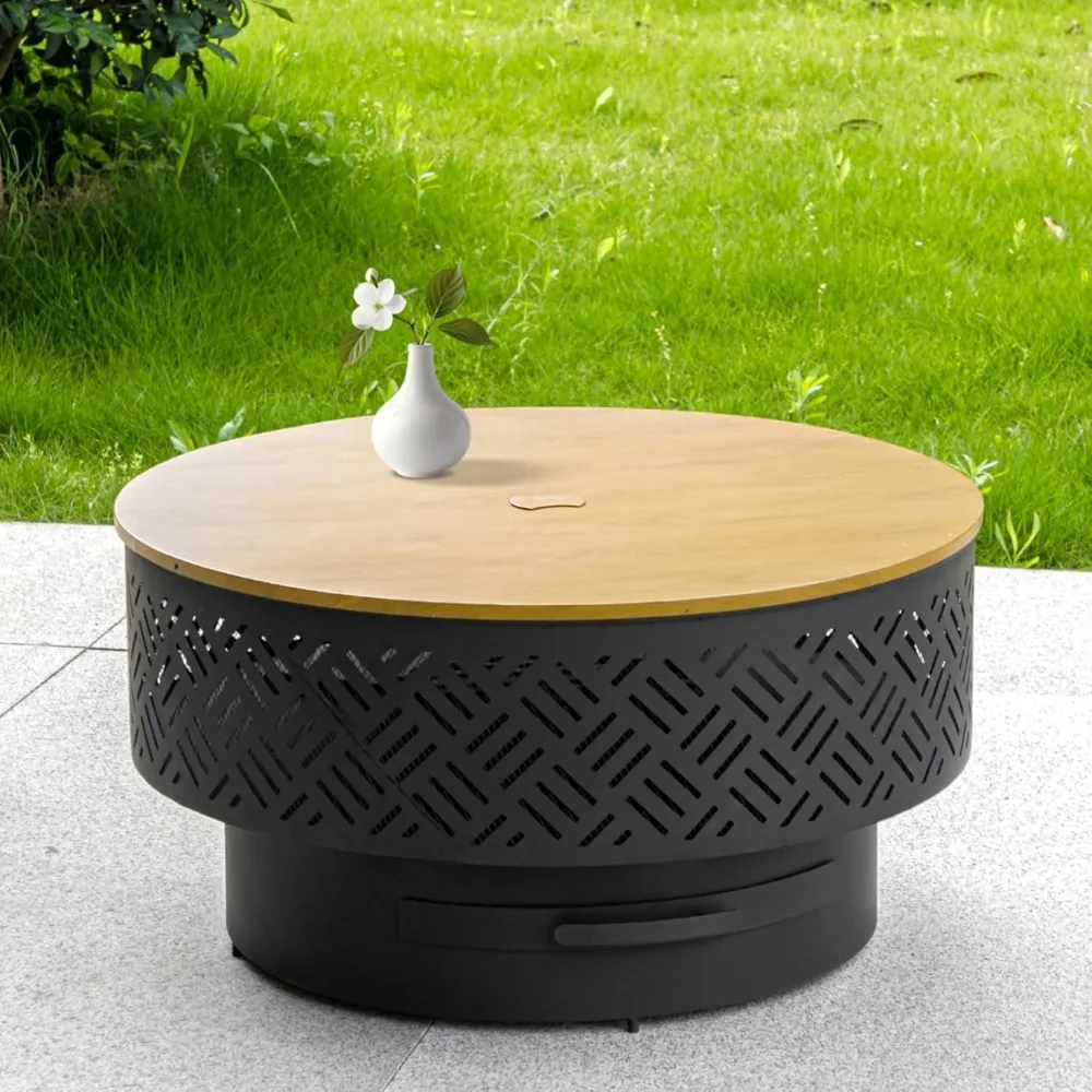 

32" Wood Burning Fire Pits with Grill & Lid, Fire Pit Table for Outside with Waterproof Cover & Fire Poker, Outdoor Firepit with
