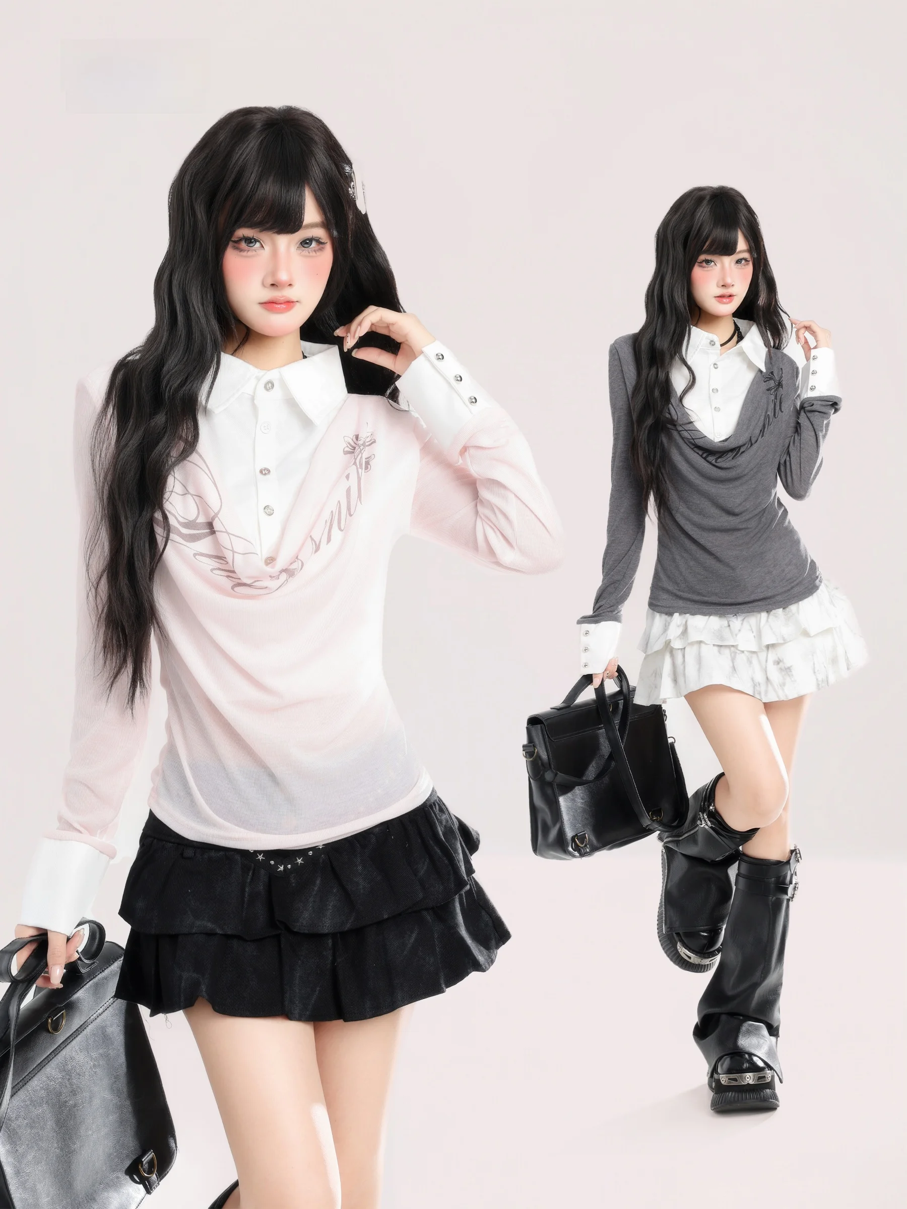 

American Style Spicy Girl College Style Fake Two-Piece Long Sleeve T-Shirt Women's Spring Design Short Top Breathable Skin-Fr...