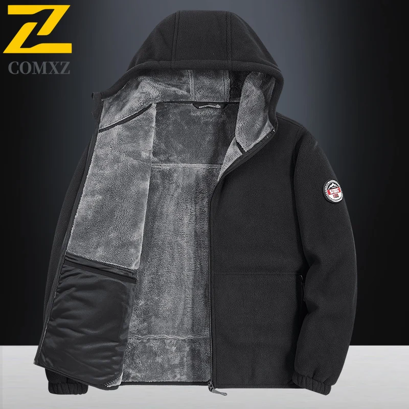 

2025 Winter New Fleece Jacket Fashion Eaulets Design Lined Fleece-lined Warm Hooded Coat Loose Comfortable Men's Cock Jacket 4XL