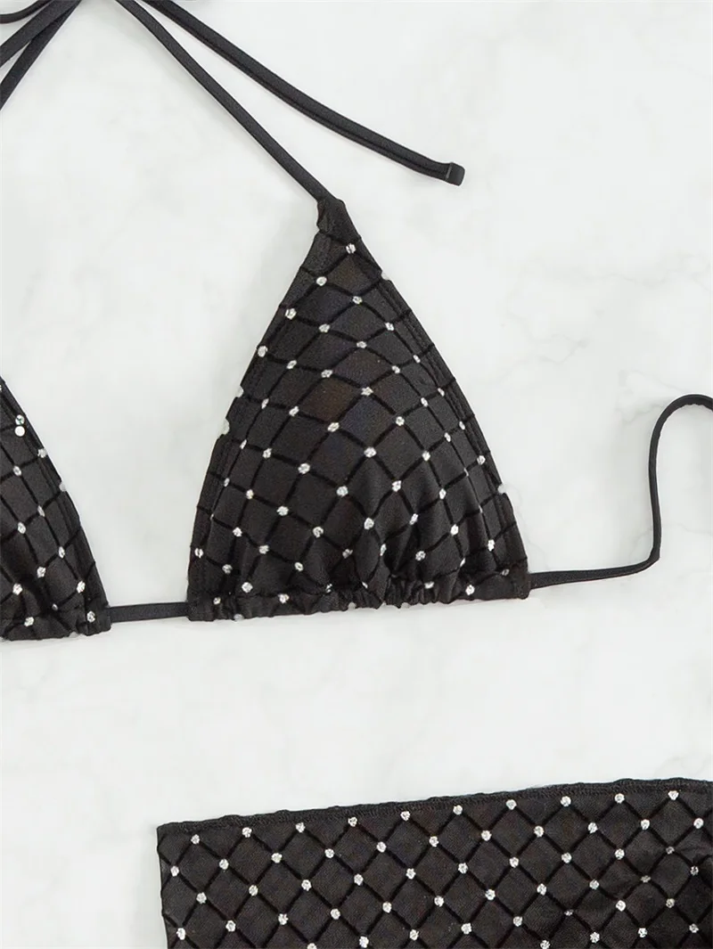 Maillot de bain trois pièces à lacets en maille transparente, bikini fendu à la mode, noir, estampage à chaud, cou face, plage pour les fêtes de vacances