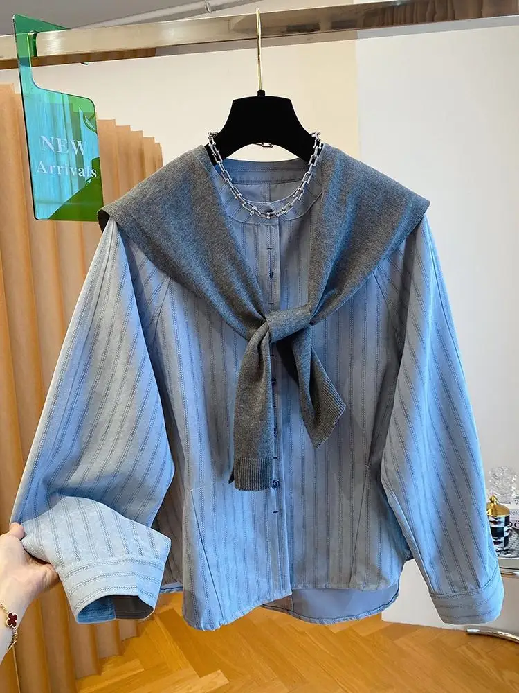 

Knitted Shawl With Stripe Shirt For Women's Two-piece Top 2025 New Loose Layered Autumn blouse