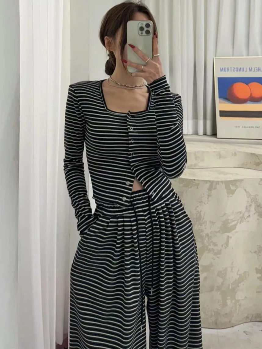 Faionable Knitted Striped Top And Casual Pants Set Single Button Design Dongda Gate Sle for Young Women Spring Autumn Winter