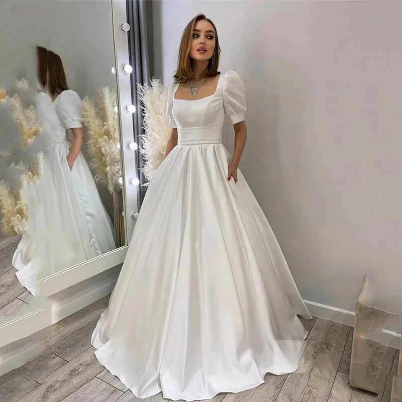 Vestidos de novia abito da sposa principessa manica corta collo quadrato pieghe in raso abiti da sposa una linea stunningpersonalizza su misura