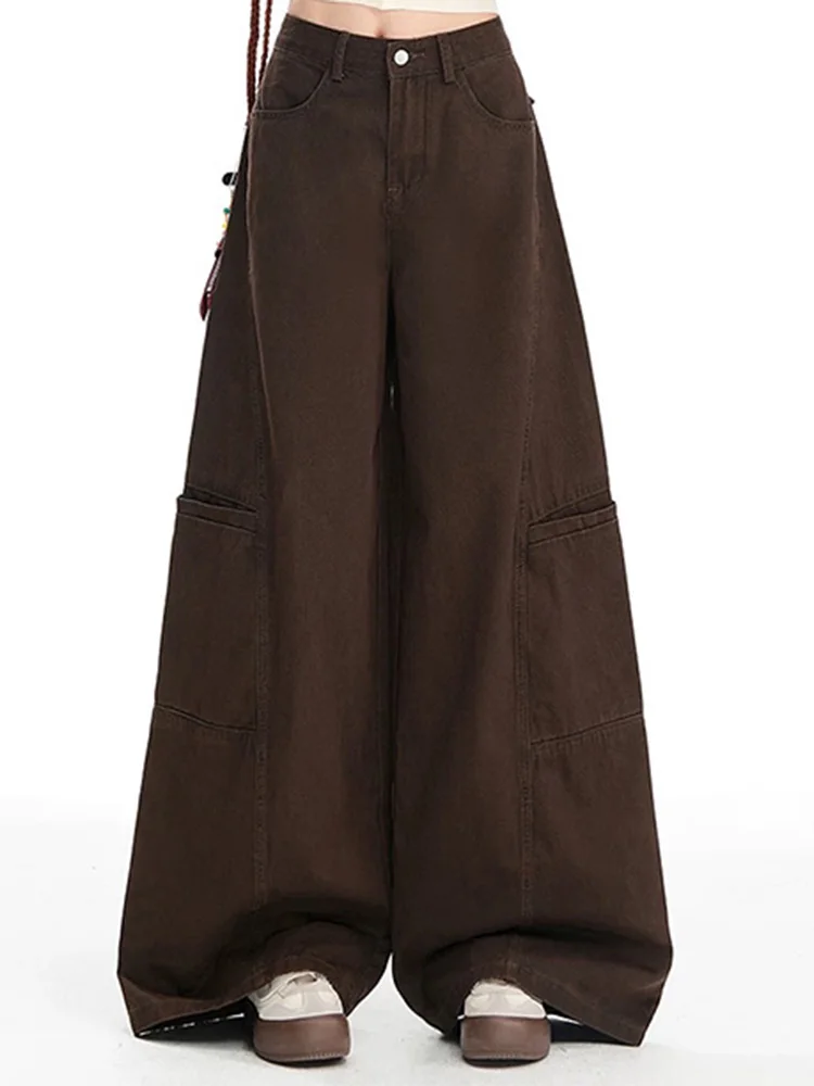 جينز واسع الساق للنساء بني قهوة فضفاض كسول ملابس العمل بنمط مريح #1