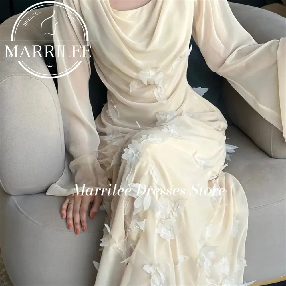 Marrilee Elegante Applique Plooien Met Lange Mouwen Chiffon Avondjurk A-Lijn Enkel Lengte 3d Bloemen Formele Prom Feestjurken Formeel