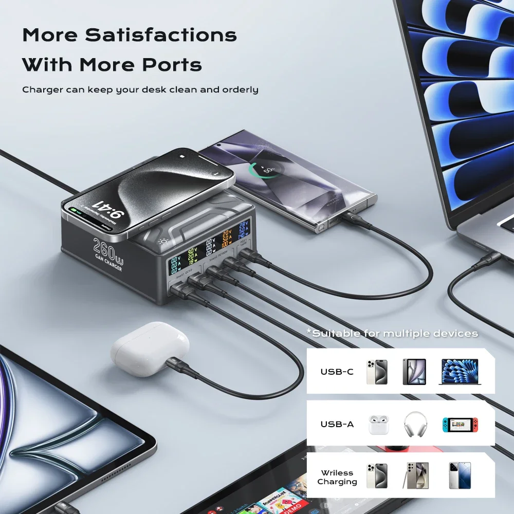 260 واط GaN USB C شاحن شاشة ديجيتال سطح المكتب USB نوع C شاحن 140 واط PD3.1 PPS QC4.0 شاحن لاسلكي لأجهزة الكمبيوتر المحمول اللوحي الهاتف