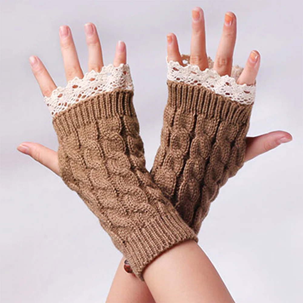 Lace Patchwork Women Knitting Embroidered Gloves Student Autumn Winter ColdproofFashion Warm Soild Fingerless Glove