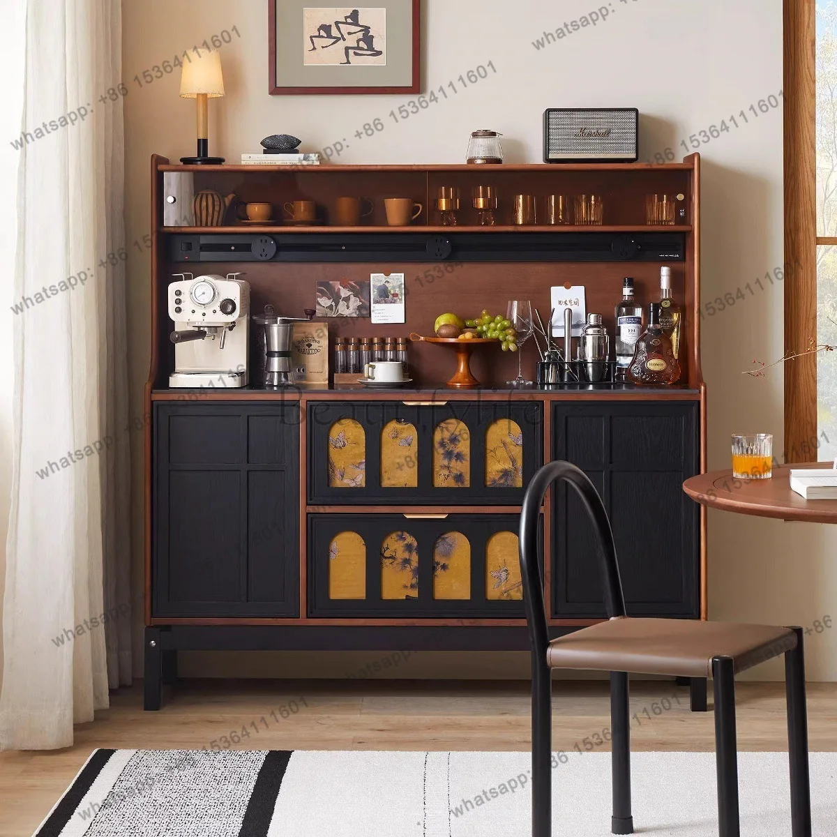 

FGSolid wood living room against the wall Storage cabinet Multifunctional coffee bar integrated cabinet French retro table edge