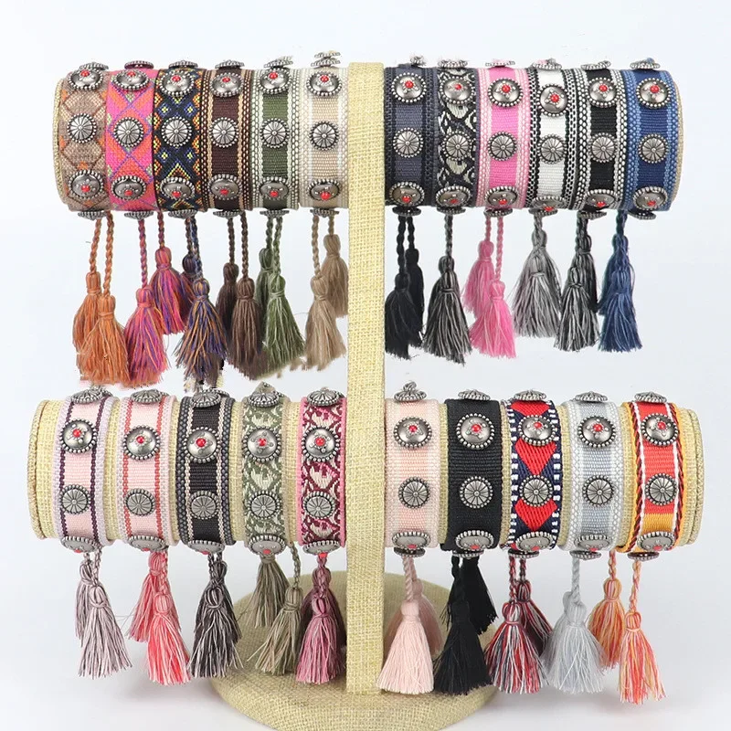 Bohemia Personality Rivet Metal Bracelet For Women Polyester Fabric Handmade Braided Tassel Bracelet Fashion Jewelry Wholesale