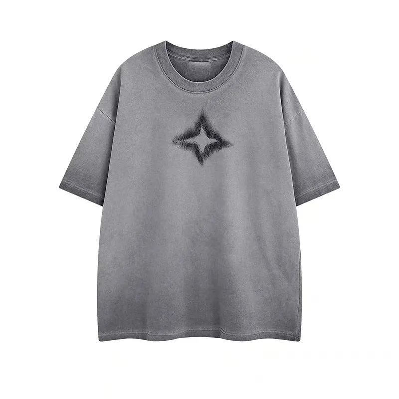 Washed vintage fashionable street printed short sleeved T-shirt for men, loose and casual, 2025 summer trendy brand top