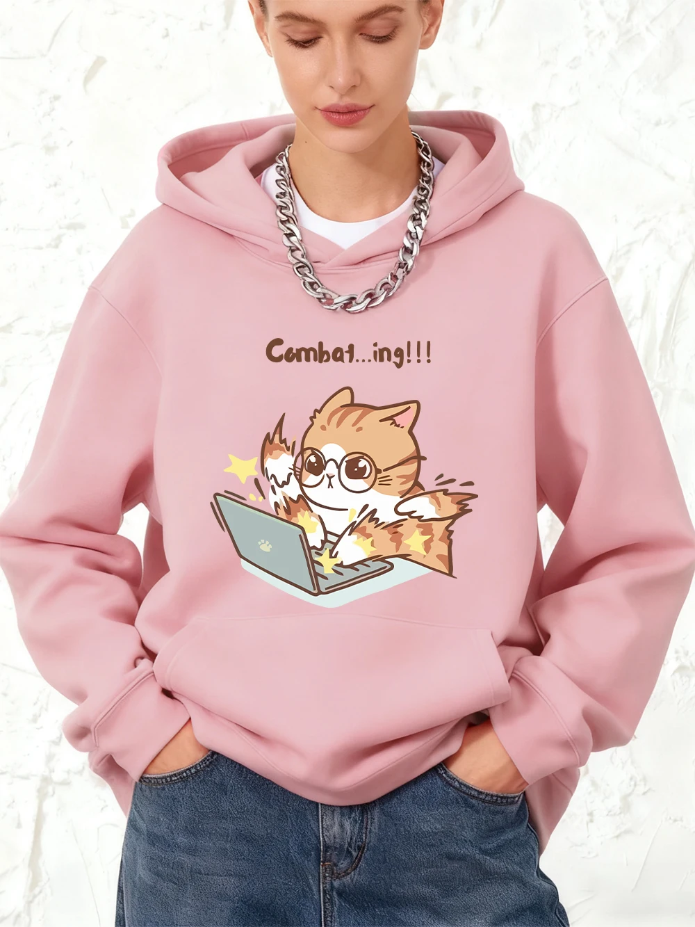 

Хлопковые толстовки с мультяшным принтом Crazy Typing Cat, женские зимние флисовые теплые толстовки, пуловер с карманами для бега, спортивная свободная одежда