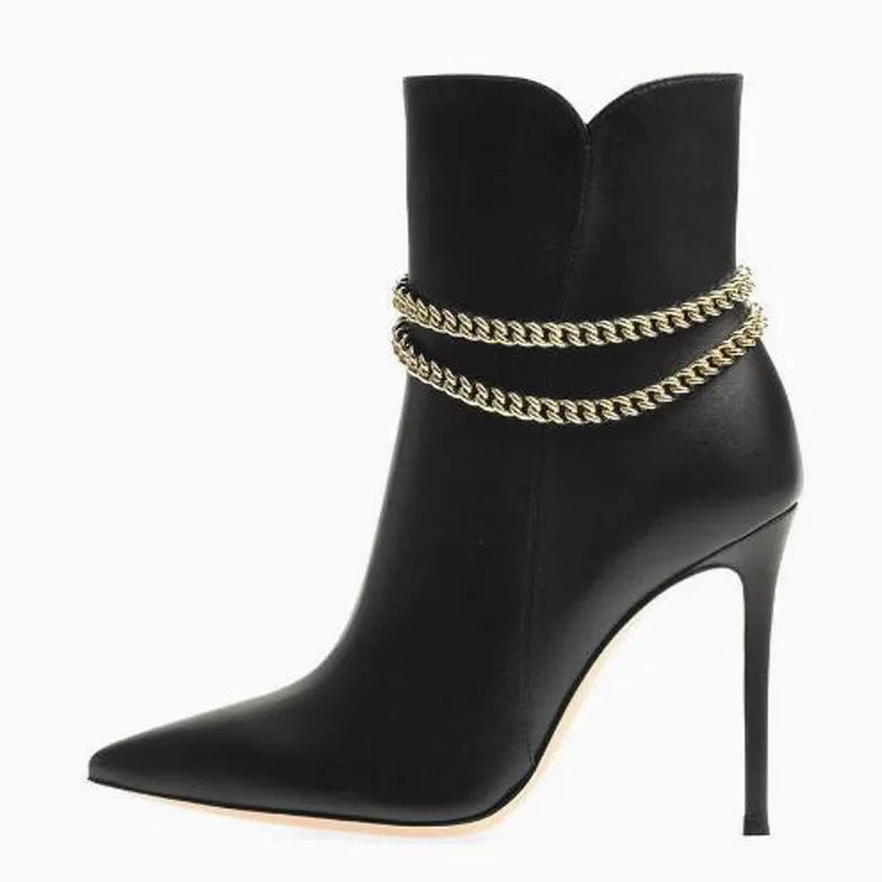 Autumn Black Matte Leather Gold Chain Zipper Side Ankle Boots Women Fashion Pointed Toe Thin Heels Short Booties Modern Boots
