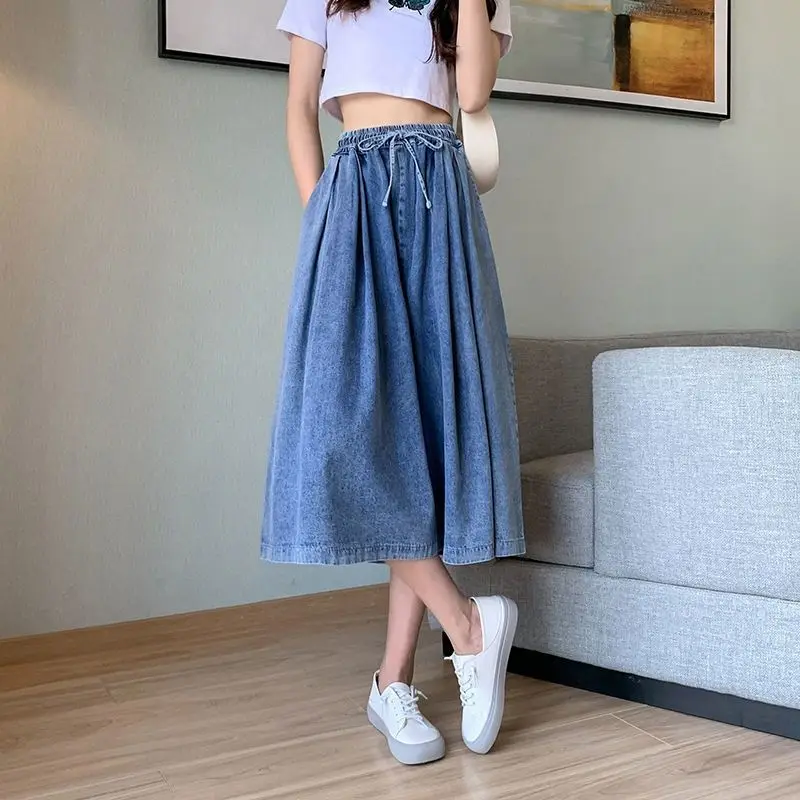 Summer New Solid Color Elastic Waist Drawstring Oversize Cowboy Straight Pants Women Loose Casual High Waist Thin Style Culottes