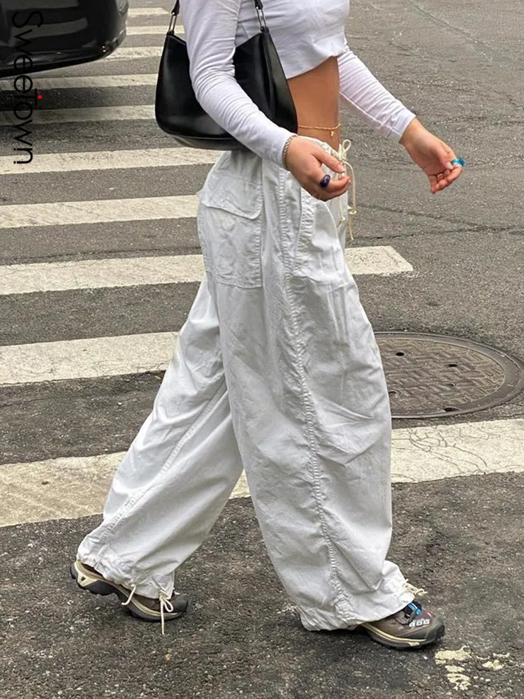 Sweetown lässig baggy weites Bein Jogging hose weiß lose Kordel zug niedrige Taille Streetwear Cargo hose Damen Hippie Jogger Hose