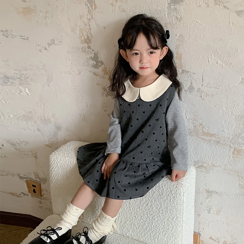 Childrens Sets Autumn Childrens Clothing Girl Wave Point Vest Skirt Doll Collar Bottom Layer Shirt Two Pieces Simple 2024 Loose