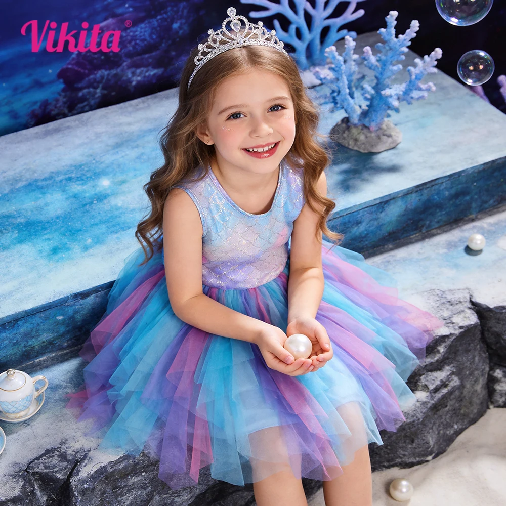 Mädchen Glitzerndes Buntes Farbverlauf Sommer Ärmelloses Kleid Kinder Meerjungfrauenschuppen Tüll Geburtstagsparty Feenhaftes Elegantes Tutu-Kleid