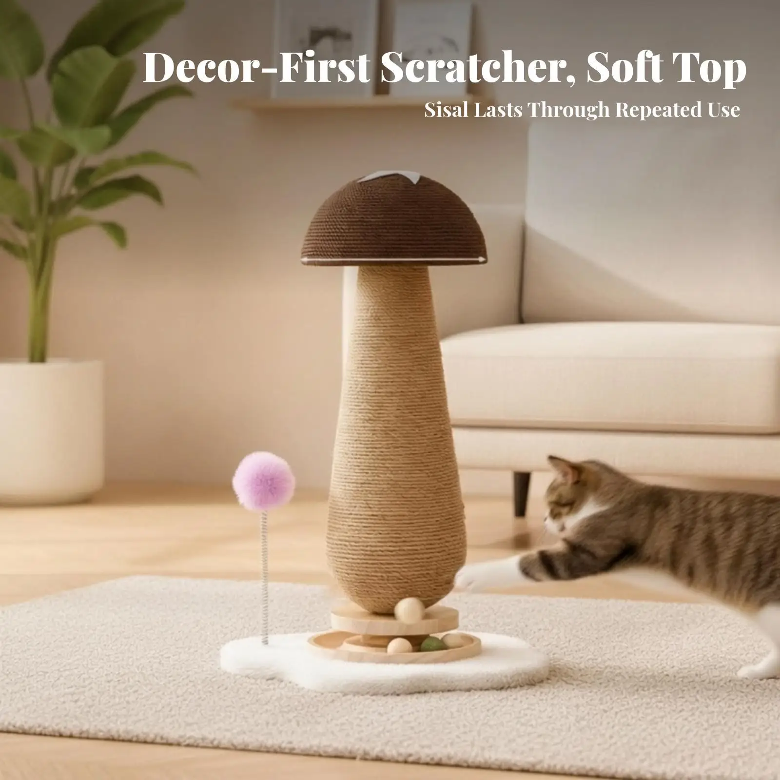 Fun Cat Scratching Pole with Dangling Tuft Toy for Active Felines Sturdy Sisal Construction