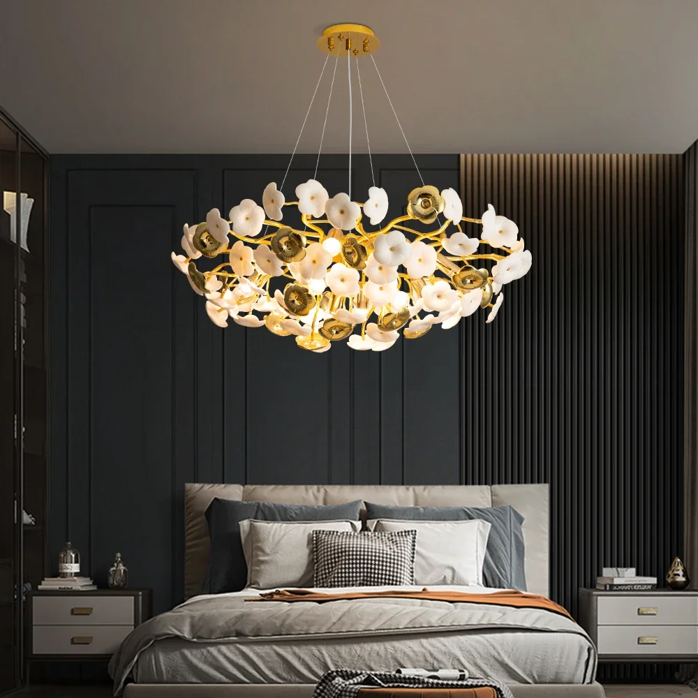 Luxury Ceramics Long Pendant Lights Living Room Ceramics Lampshade Pendant Chandeliers Room Decor Gold Led Ceiling Chandelier