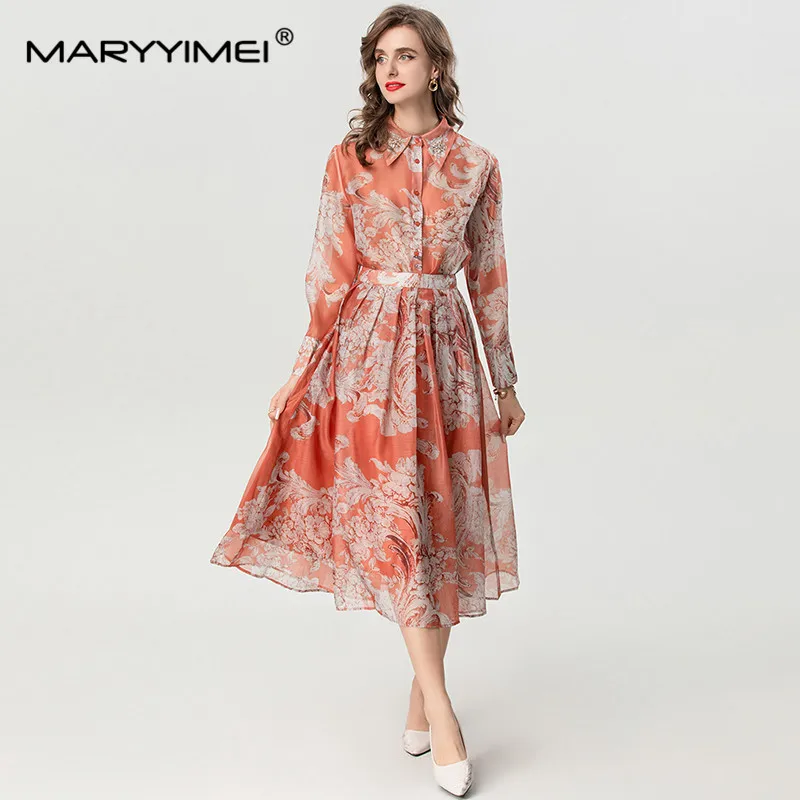 MARYYIMEI-Jupe trapèze en cristal à simple boutonnage pour femme, col rabattu imbibé, imprimé vintage, automne et hiver, ensemble 2 pièces