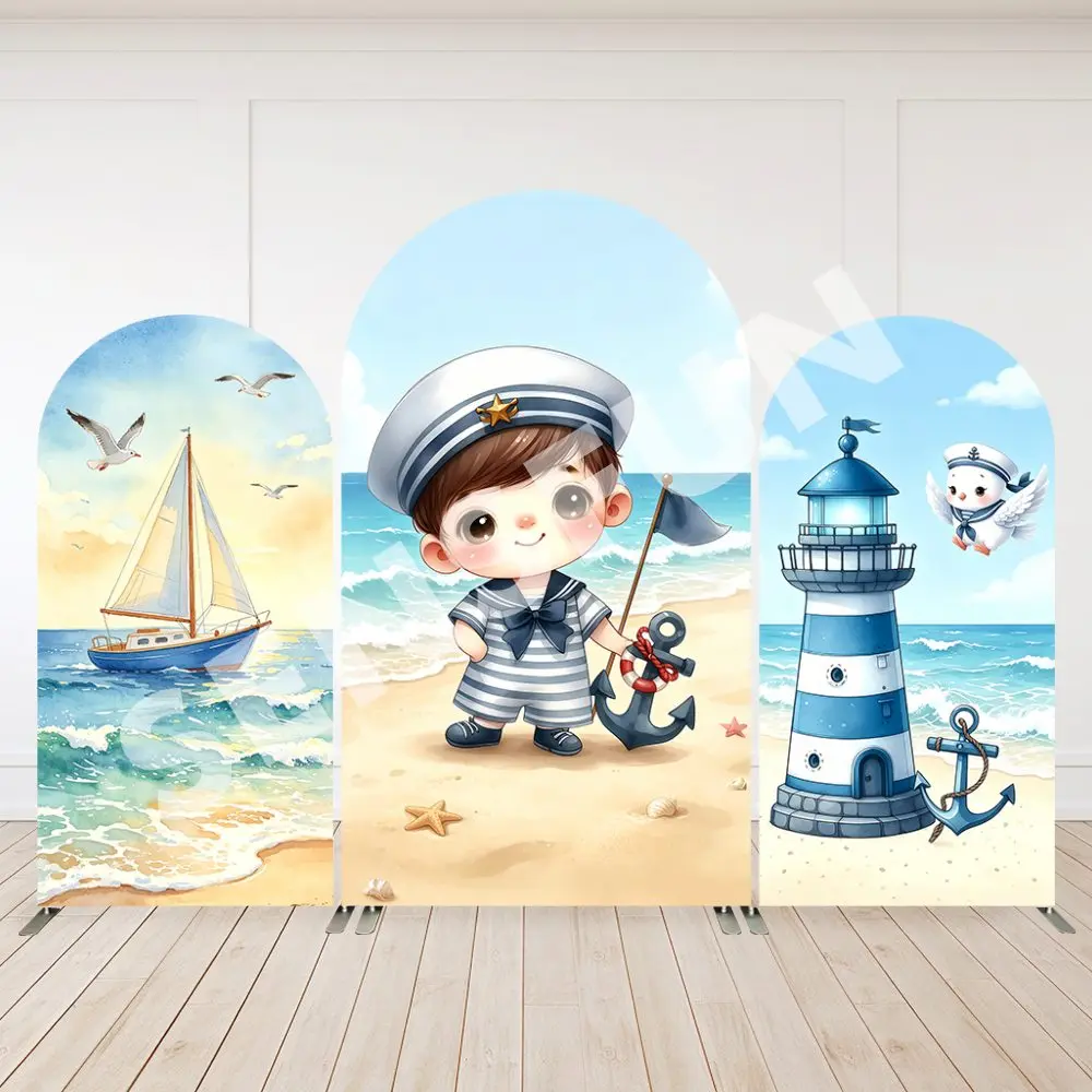 Summer Ocean Ship Lighthouse Arch Backdrop Cover Nautical Boy  Sailor Baby Shower Birthday Background Arched Decor