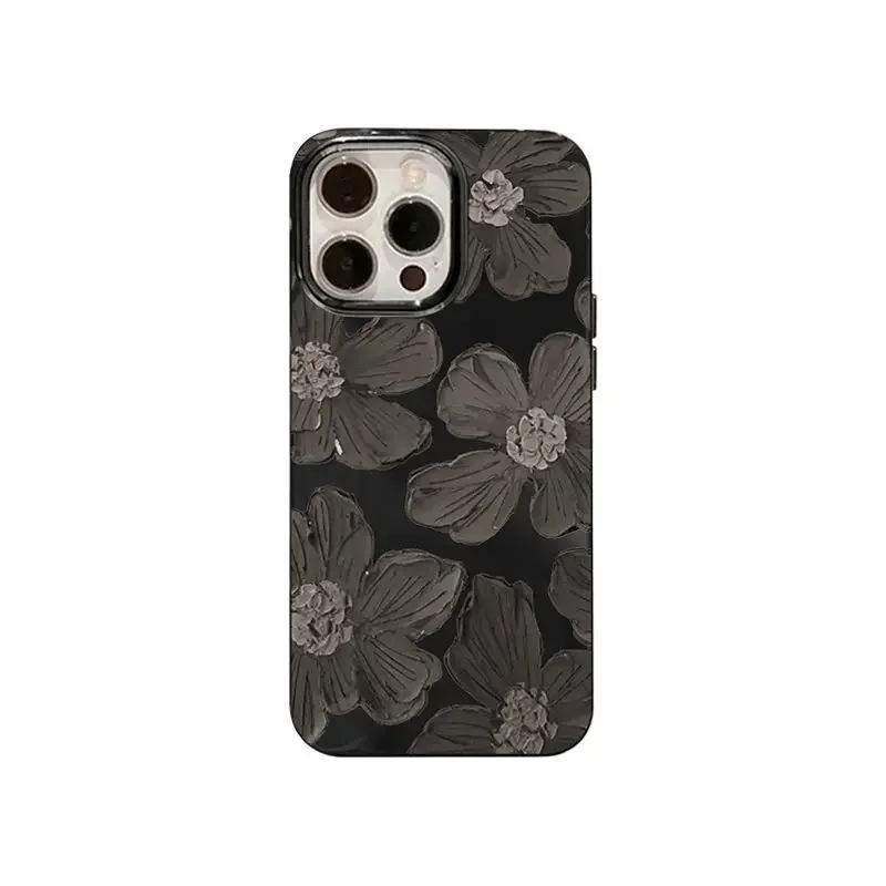 French Retro cool black oil painting flower Phone Case For iPhone 16 15 14 13 12 Pro Max 15 14 16 Plus Xr case Cute Soft Cover