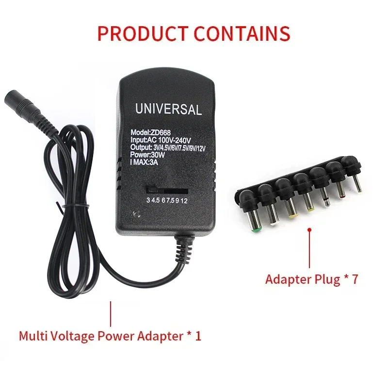 Universal Adjustable Adapter Power Supply Charger 3A 30W AC 220V TO DC 3V 4.5V 6V 7.5V 9V 12V Power Source with DC Female 7 Plug