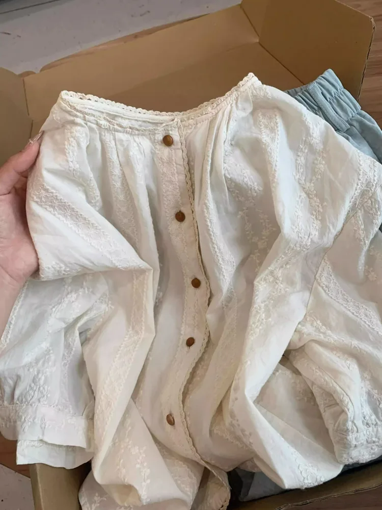 

Бежевая рубашка с французской вышивкой, лето 19925, однобортные блузки с круглым вырезом и короткими рукавами, рубашка, повседневный богемный праздничный пляжный топ