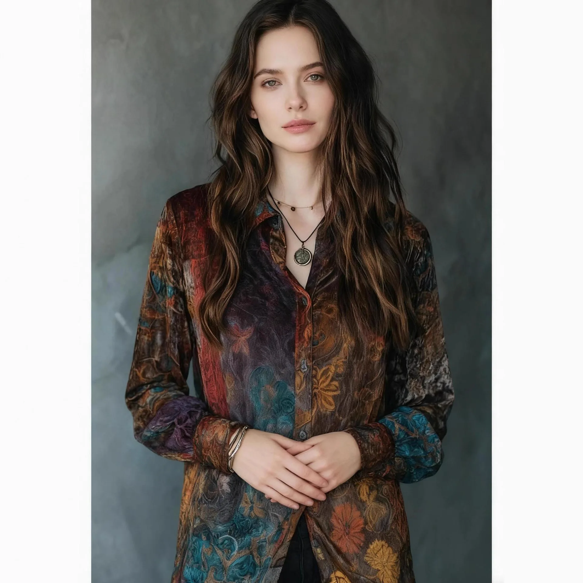 European and American style new casual long sleeved button up shirt with retro floral print and painted design for women