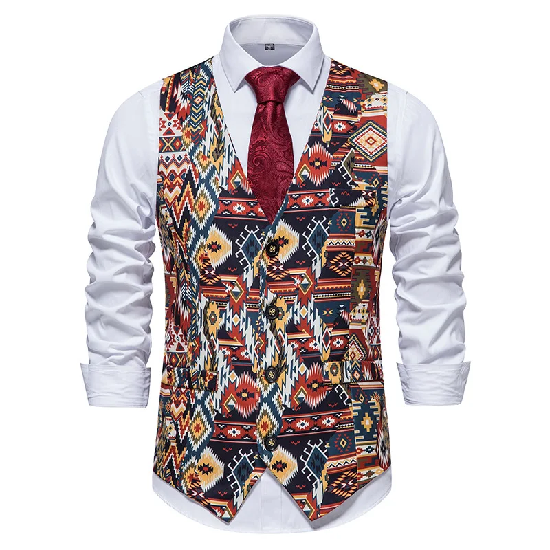 Mens Ethnic Style Pattern Print Suit Vests Stylish African Dashiki Vest Waistcoat Men Party Wedding Groom Prom African Clothing