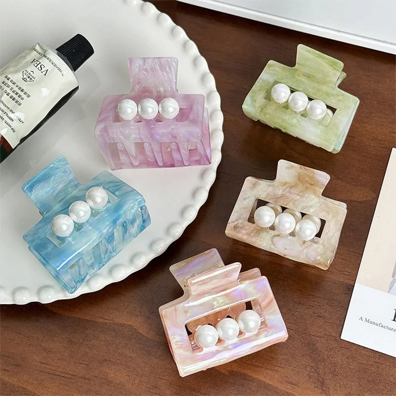 

New Creative Design 5.2CM Square Acetic Acid Hair Clip Simple High Ponytail Clip Small Shark Clip Pearl Hair Accessories