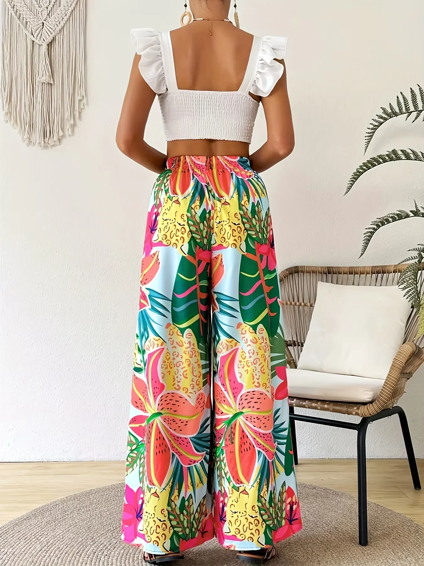 Women Hawaiian Flower Leaf Print Wide Leg Trousers Elastic Waist Soft Comfy Casual Boho Beach Summer Vacation Trendy Fashionable