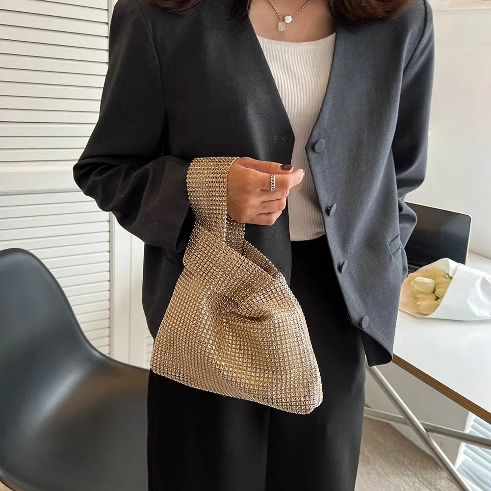 

Women Fashion Sequin Bag Solid Color Rhinestone Bling Wristlet Bag Versatile Small Luxury Clutch Female Evening Party Handbag