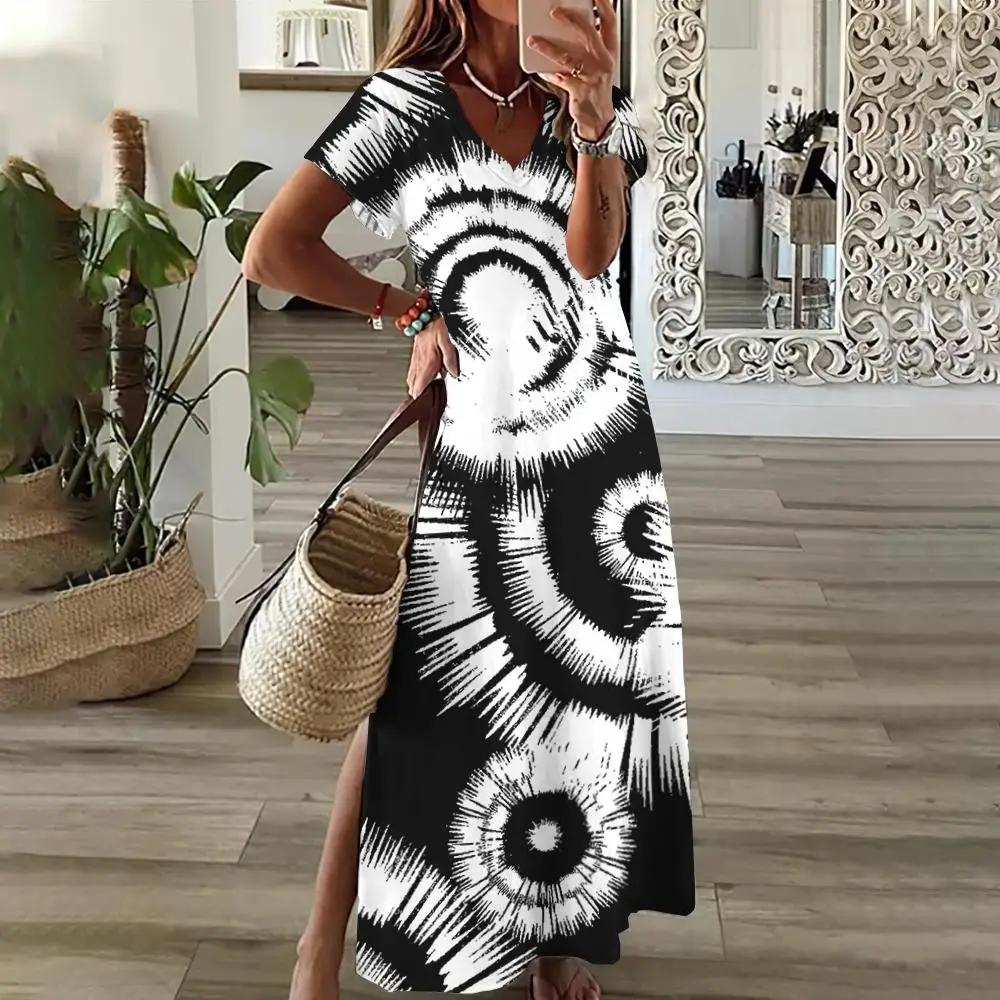 Summer Slit Short Sleeves Long Dress Harajuku V-Neck Women's Dresses Tie-Dye Patchwork Print Elegant Clothing Designer Clothing