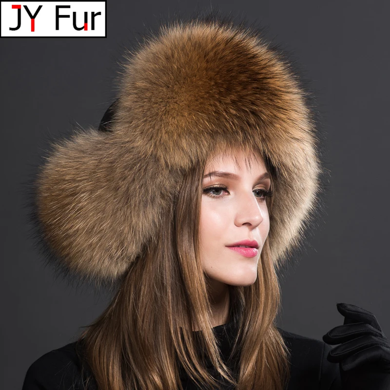 Women Natural Raccoon Fur Caps Ushanka Hats for Winter Thick Warm Ears Fashion Bomber Pom Pom Hat Lady Real Fox Fur Cap Pompon