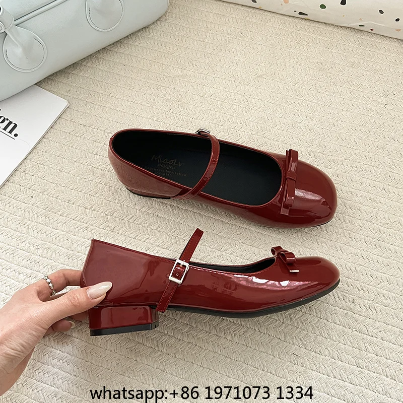 Spring Wine Red Women Mary Jane Shoes Shallow Ladies Casual Butterfly-knot Shoes Eelgant Dress Leather Shoes