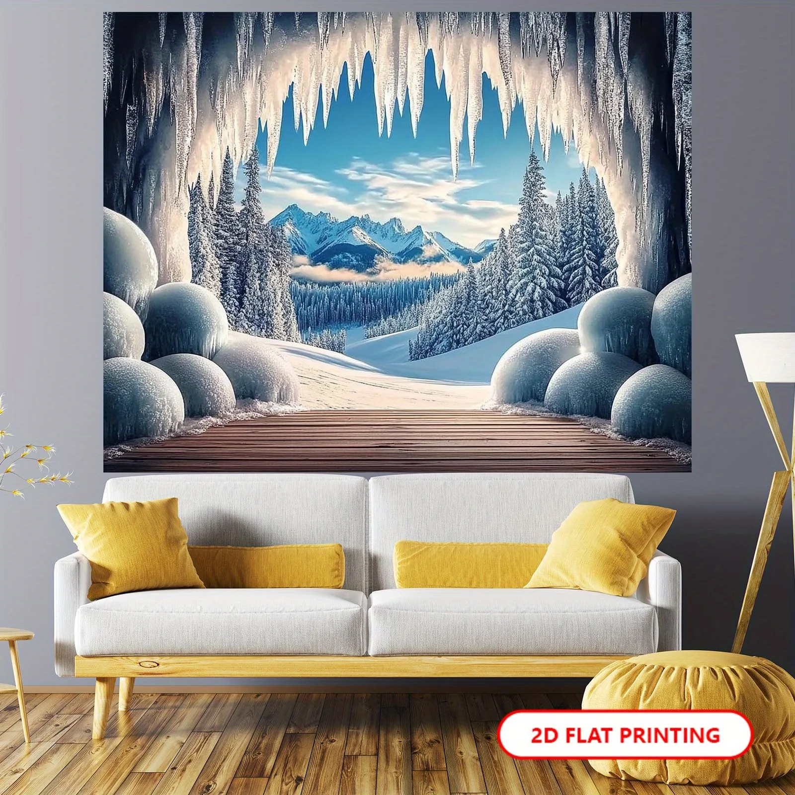 2D Flat, 1pc Winter Wonderland Tapestry Wall Hanging - Cedar Forest Mountain Icicle Scene with Snow-Covered Trees & Icicles, Reu