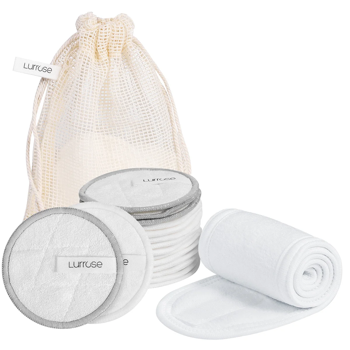 Lurrose 18 unids/pack eliminación de maquillaje reutilizable cara cuerpo algodón cosméticos removedor almohadillas con diadema bolsa de almacenamiento