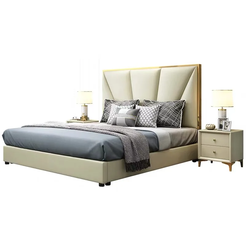 &Luxury Full-Size Double Bed Set in Soft Leather Sponge Upholstery for Master Bedroom Up-Holstered Wedding Beds