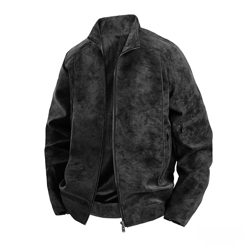 

Men's Workwear PU Leather Jaet Thiened Biker Sle Collar Long Sve Casual Faion Autumn 2025 Silk Fabric Coat