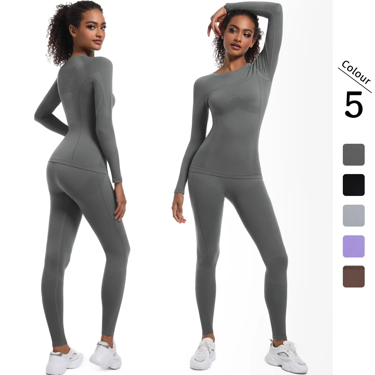 Seamless Yoga Sets Sports Fitness High Waist Hip Raise Pants Long-Sleeved Suit Workout Clothes Gym Leggings Set for Women