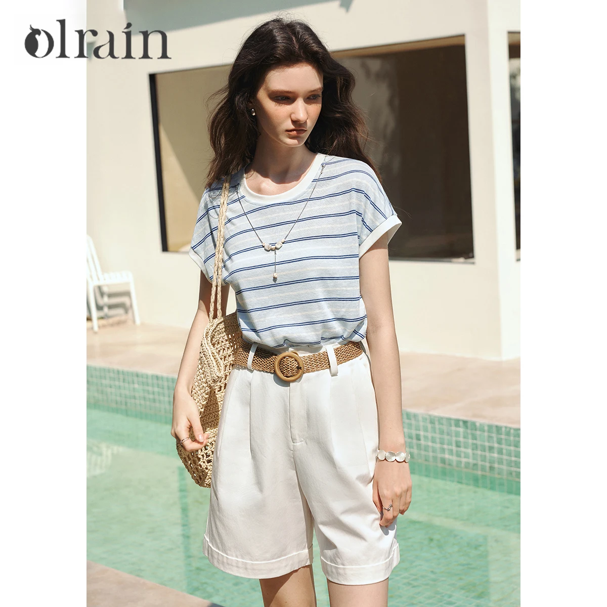 OLrain Women's Blue White Stripes Tee Short Sleeve Round Neck Smooth H-shaped Knitted T-shirt 2026 New Casual Top O58XT005893