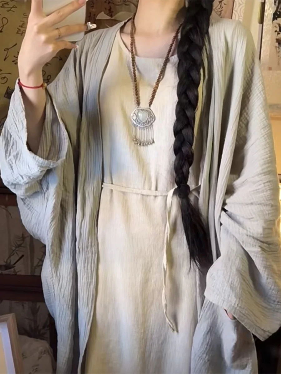 

Комплект из хлопка и льна: платье с поясом и кардиган в холодных тонах, свободный крой, летняя женская модная верхняя одежда