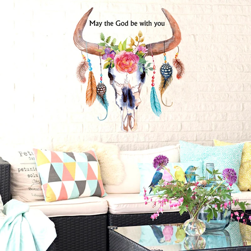 Animal Scenery Poster Ox Head Feather Flower Vinyl Wall Stickers Home Decoration for Aesthetic Room Hand-drawn Fashion Wallpaper