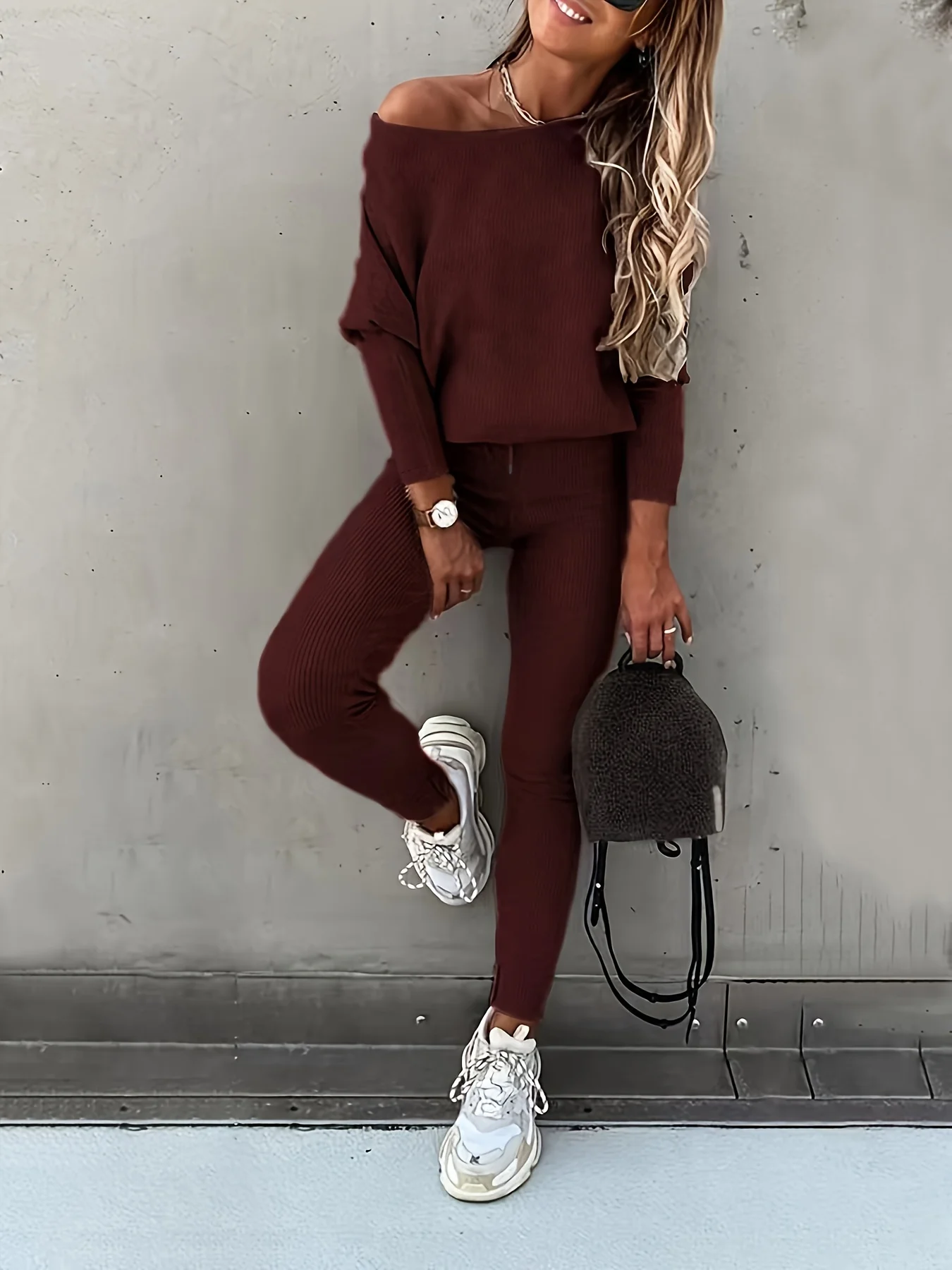 Upgrade materials Casual Solid Sports Two-piece Set, With Slanted Shoulder Long Sleeve Hoodies & Tied Striped Pants Set