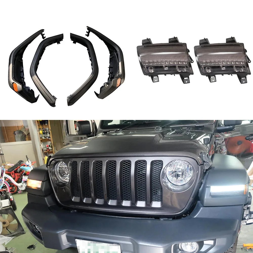 Black 4PCS High Wheel Eyebrow ABS Fender Flare With Lamp For Jeep Wrangler JL 2018+ JL1152 JL1123