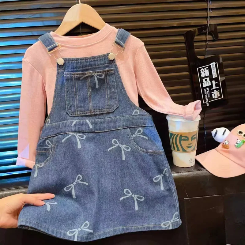 

Children's Outfit New Spring and Autumn Girls' Elegant Soft Denim Suspender Dress with Long Sleeve Base Shirt Two-Piece Set Tren